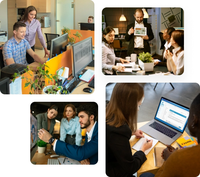 Team sitzt gemeinsam an Computern und plant Online-Kampagnen